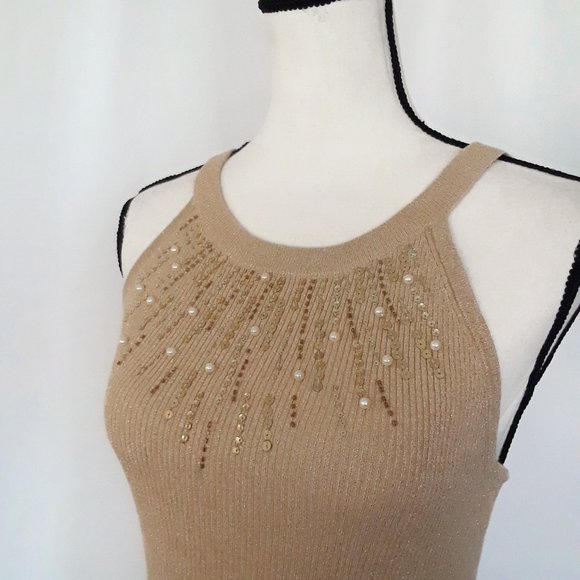 Vintage Y2K Cache Golden Tan Sleeveless Sequin Beaded Top - Picture 8 of 12